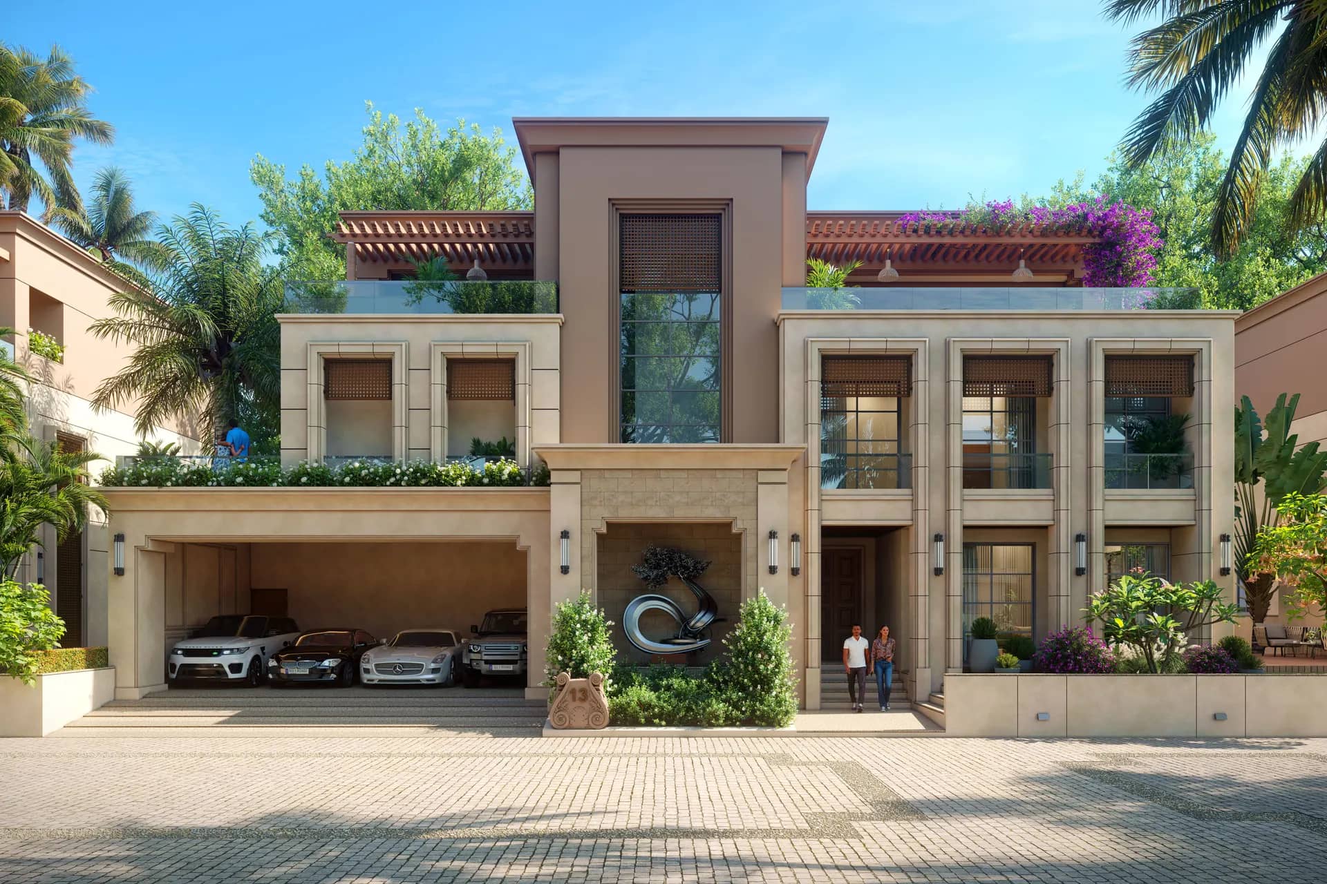 Contemporary stone-clad villa with palms and a covered car port